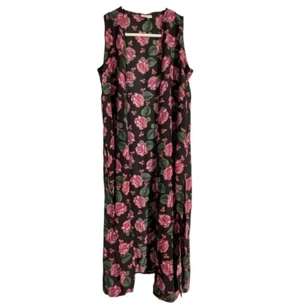 Lularoe Joy Black Pink Floral Long Sleeveless Roses Cardigan Size XS EUC #4321
